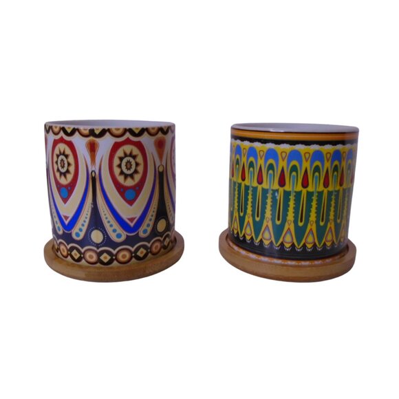 Succulent Pots 3 in Mandala Boho Multicolor Ceramic with Bamboo Trays 2 Pcs Set - Picture 1 of 7